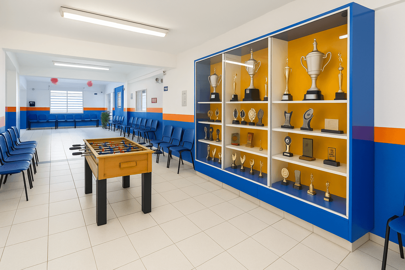 Pátio coberto e área de convivência do Colégio Maha Dei com espaço de recreação e mural de troféus