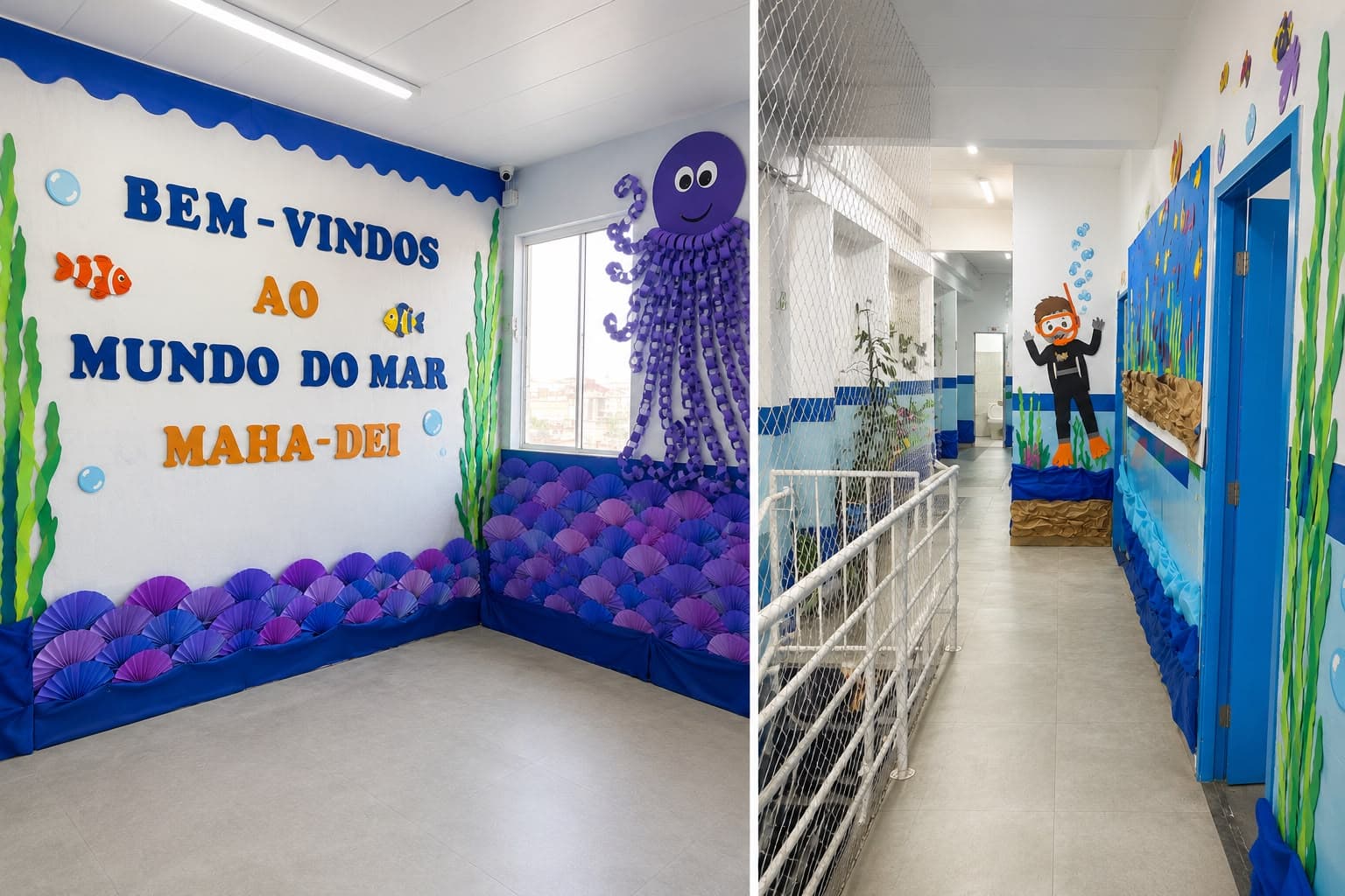 Corredor da Educação Infantil do Colégio Maha Dei com decoração temática Mundo do Mar em Guarulhos