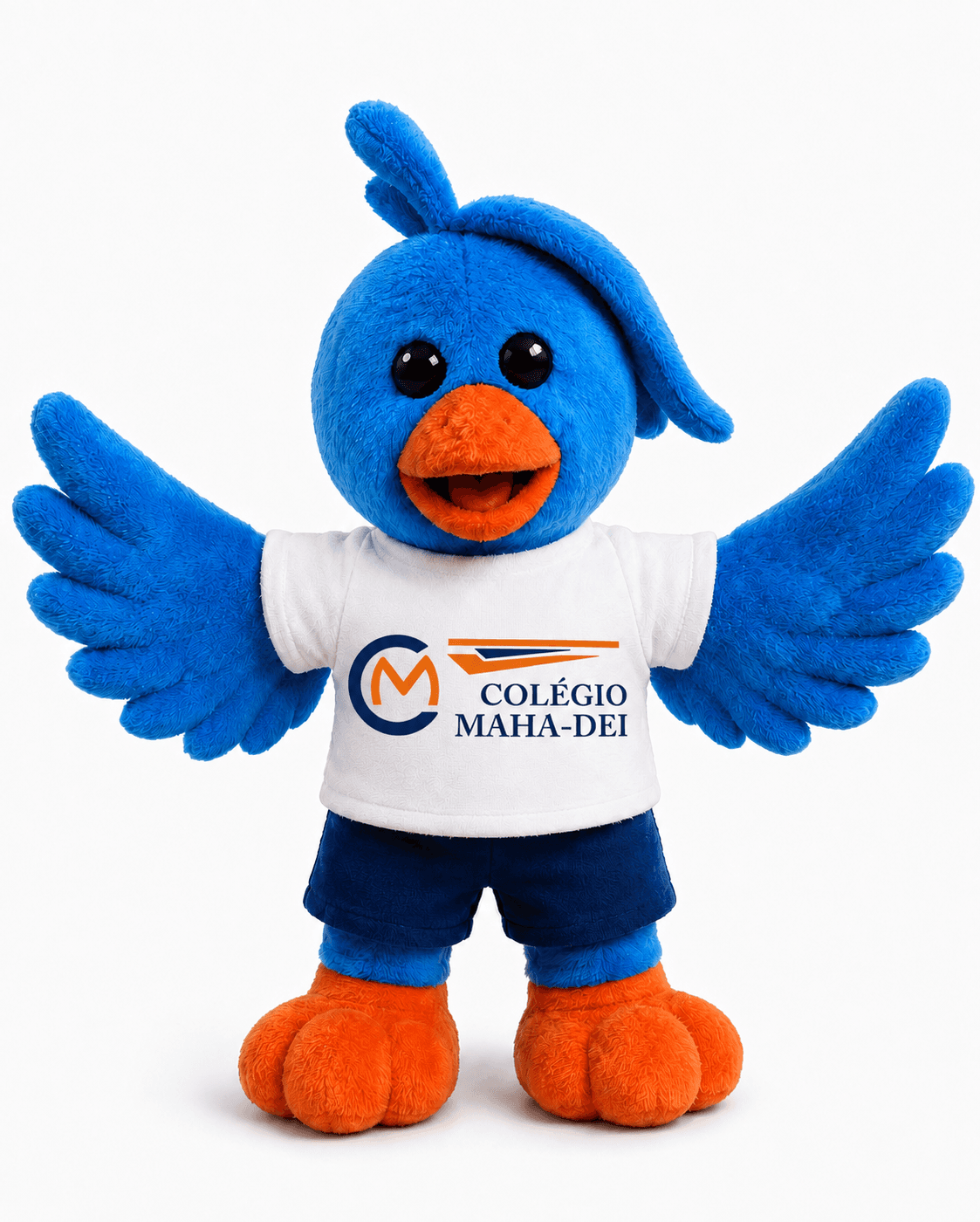Mahaquito, o mascote do Colégio Maha Dei, um periquito sorridente vestindo o uniforme do colégio